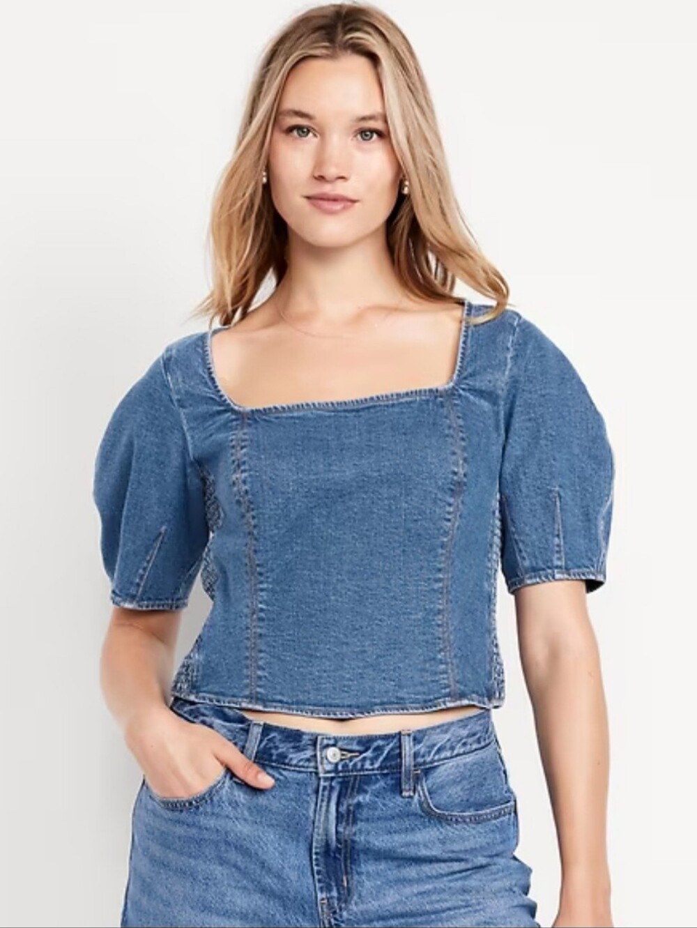 OLD NAVY Womens Crop Top Blue Denim Jean  Ruched Short Sleeve Square Neck Puffed